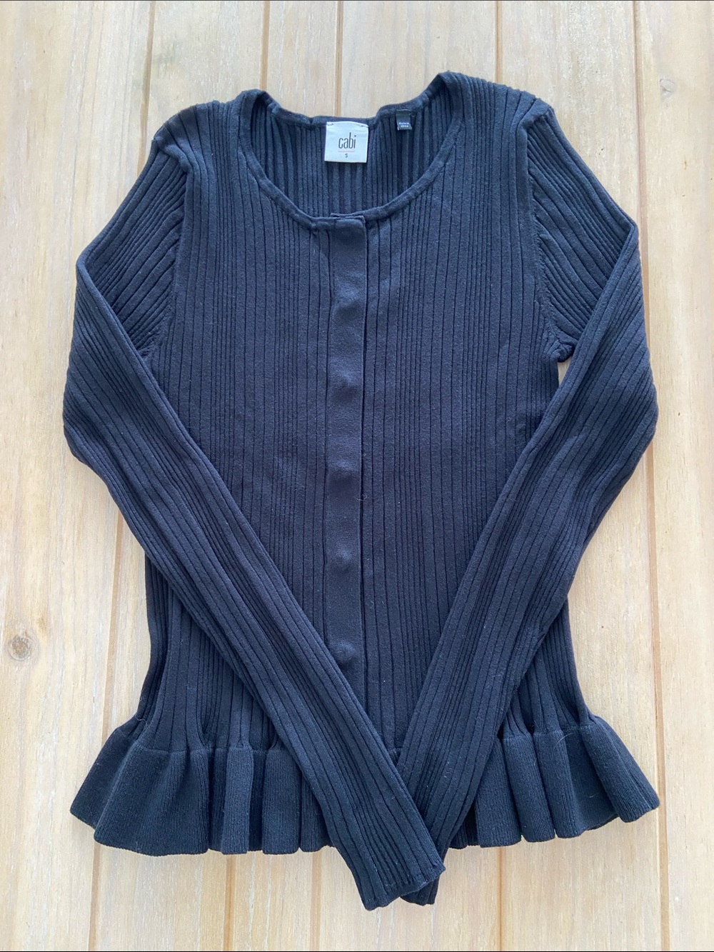 CABI Black Ruffle Party Cardi Sweater Cardigan | sz S EUC
